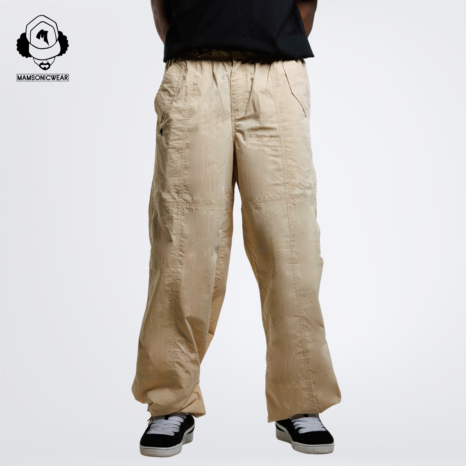 Embroidered Logo Draped Crinkle-Cotton Cargo Pants | Warm Khaki