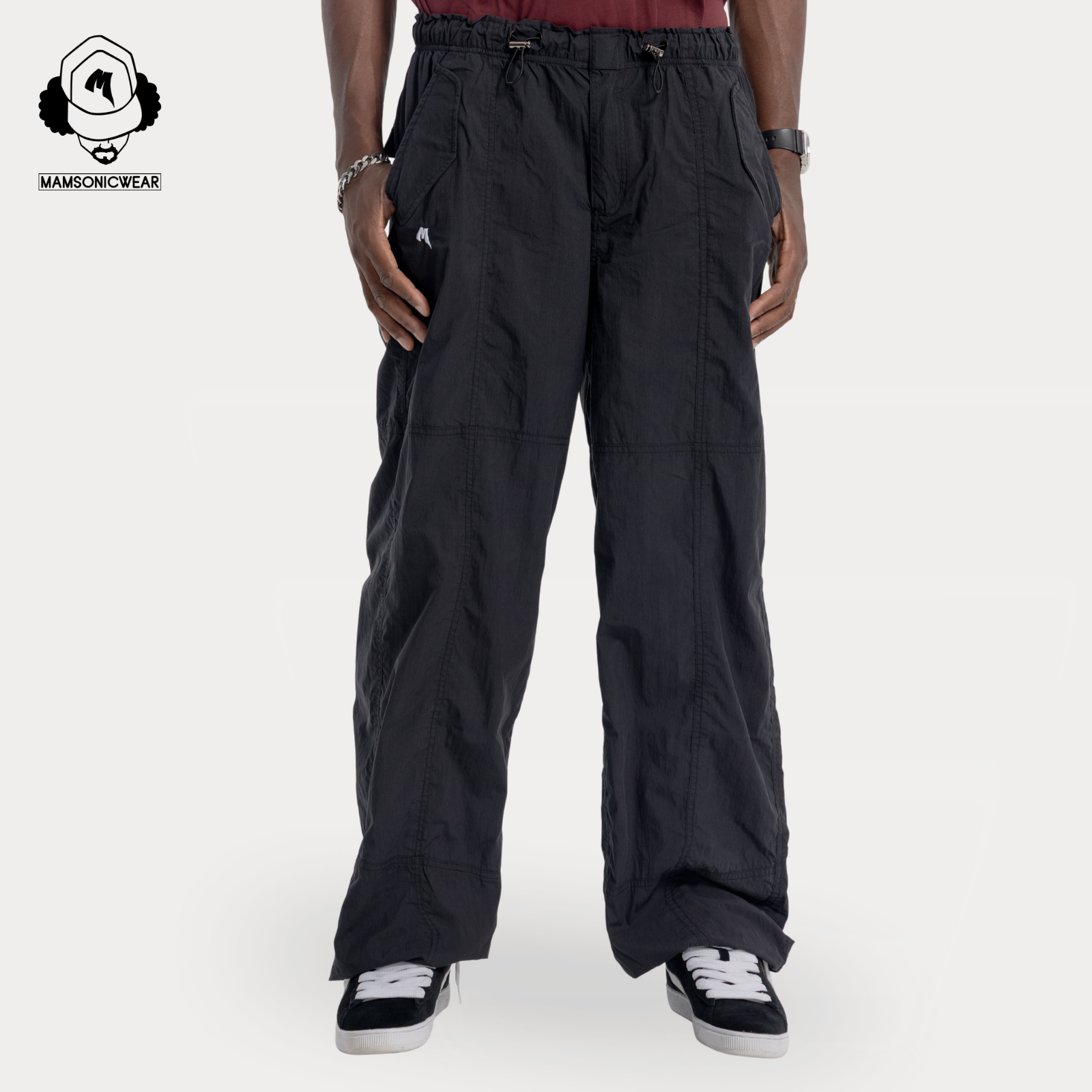 Embroidered Logo Draped Crinkle-Cotton Cargo Pants | Black