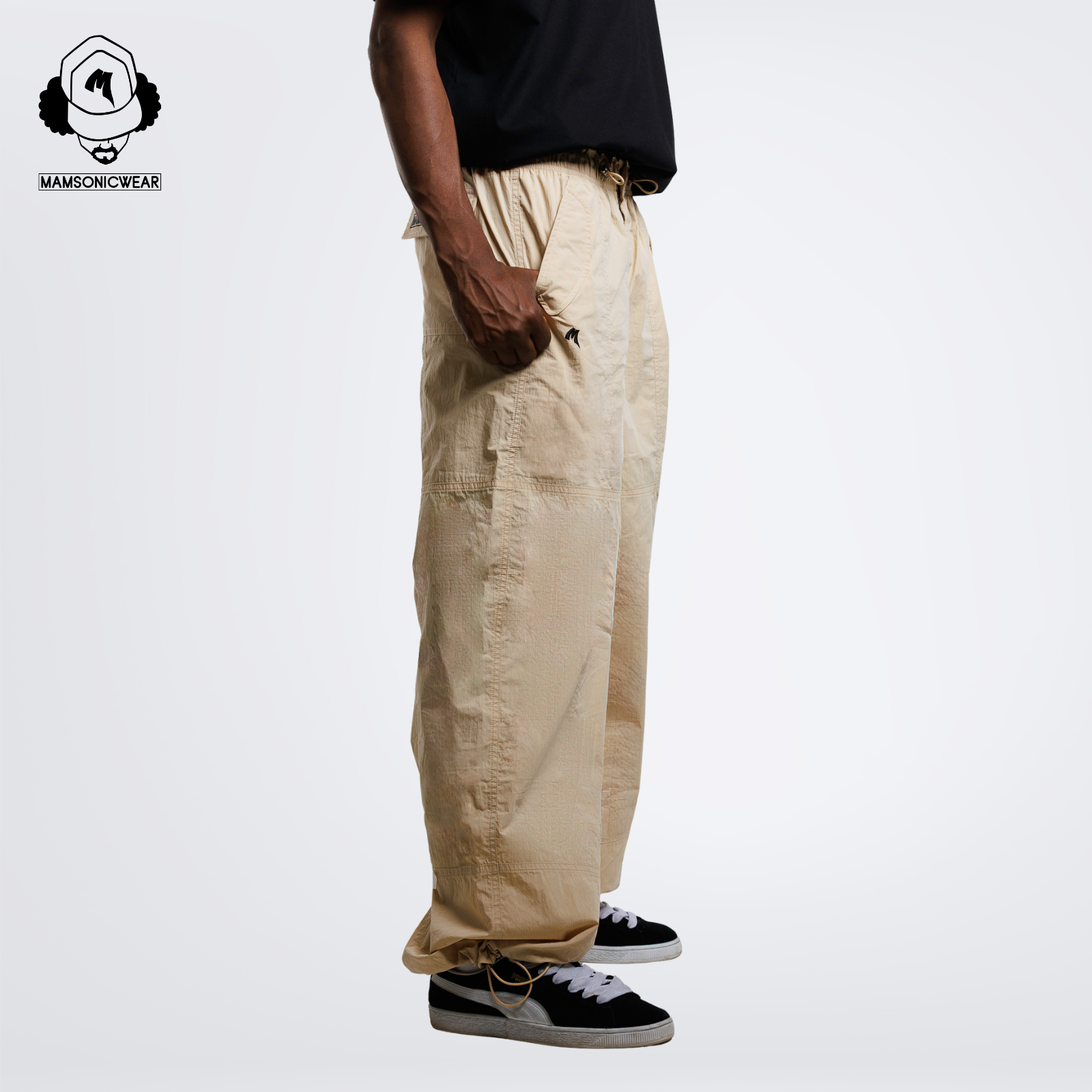 Embroidered Logo Draped Crinkle-Cotton Cargo Pants | Warm Khaki