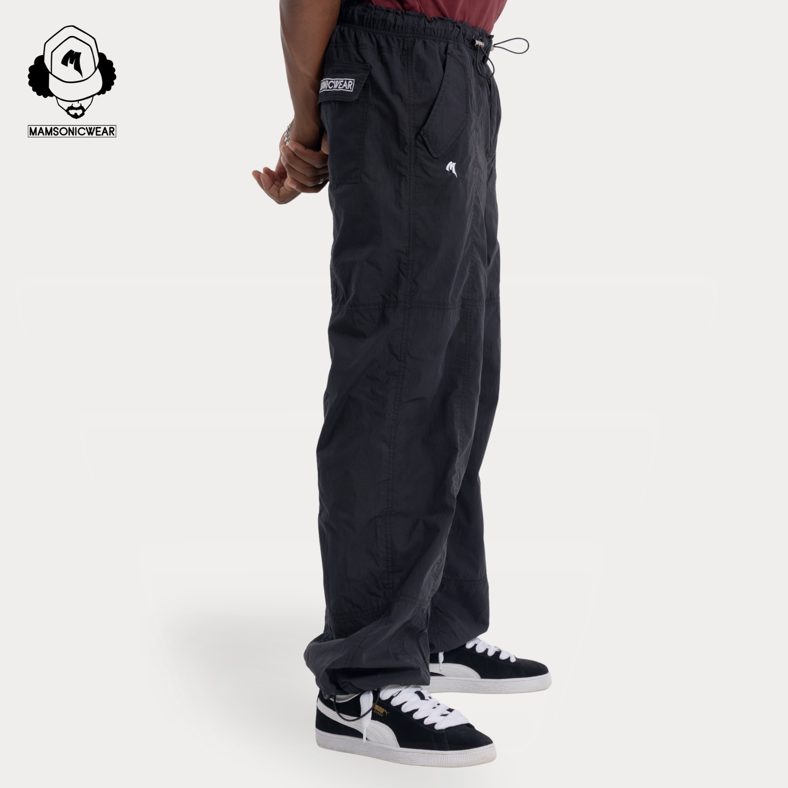 Embroidered Logo Draped Crinkle-Cotton Cargo Pants | Black